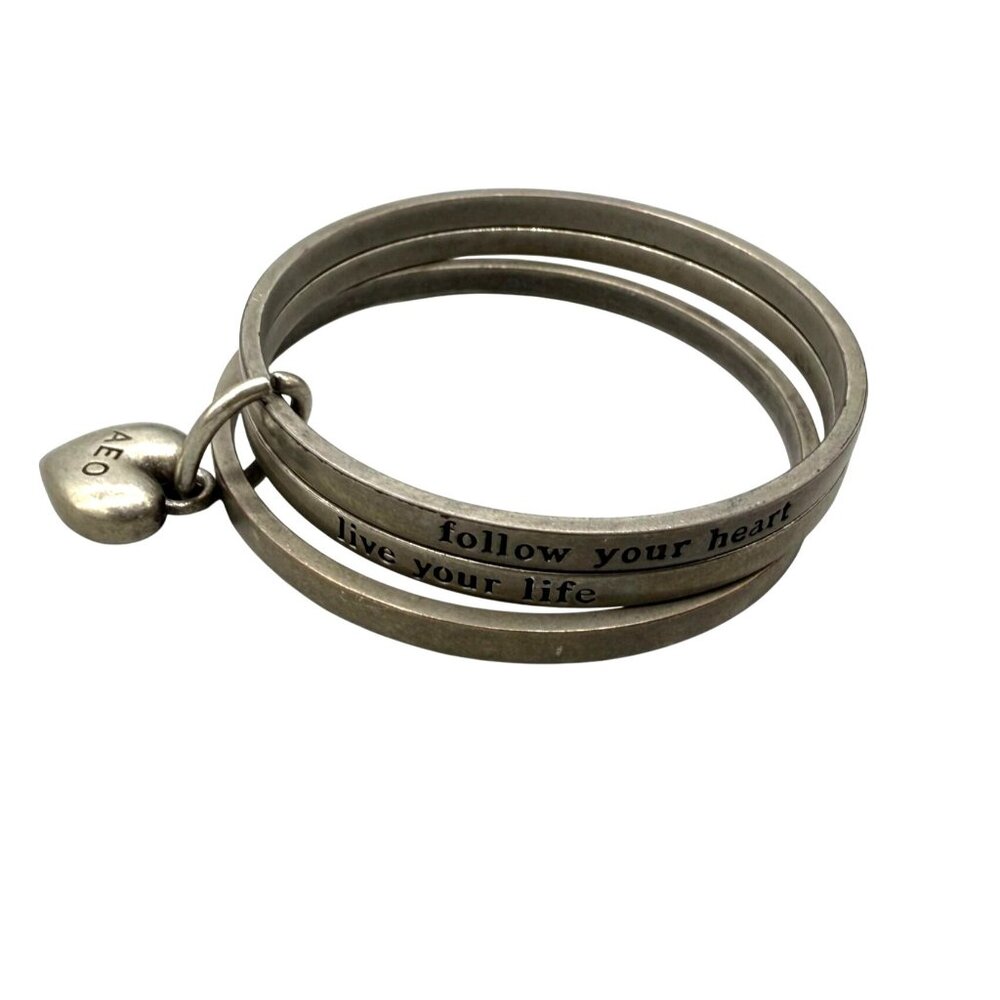 American Eagle AEO Bracelet 3-Hooked Bangle Heart Charm Pewter Tone